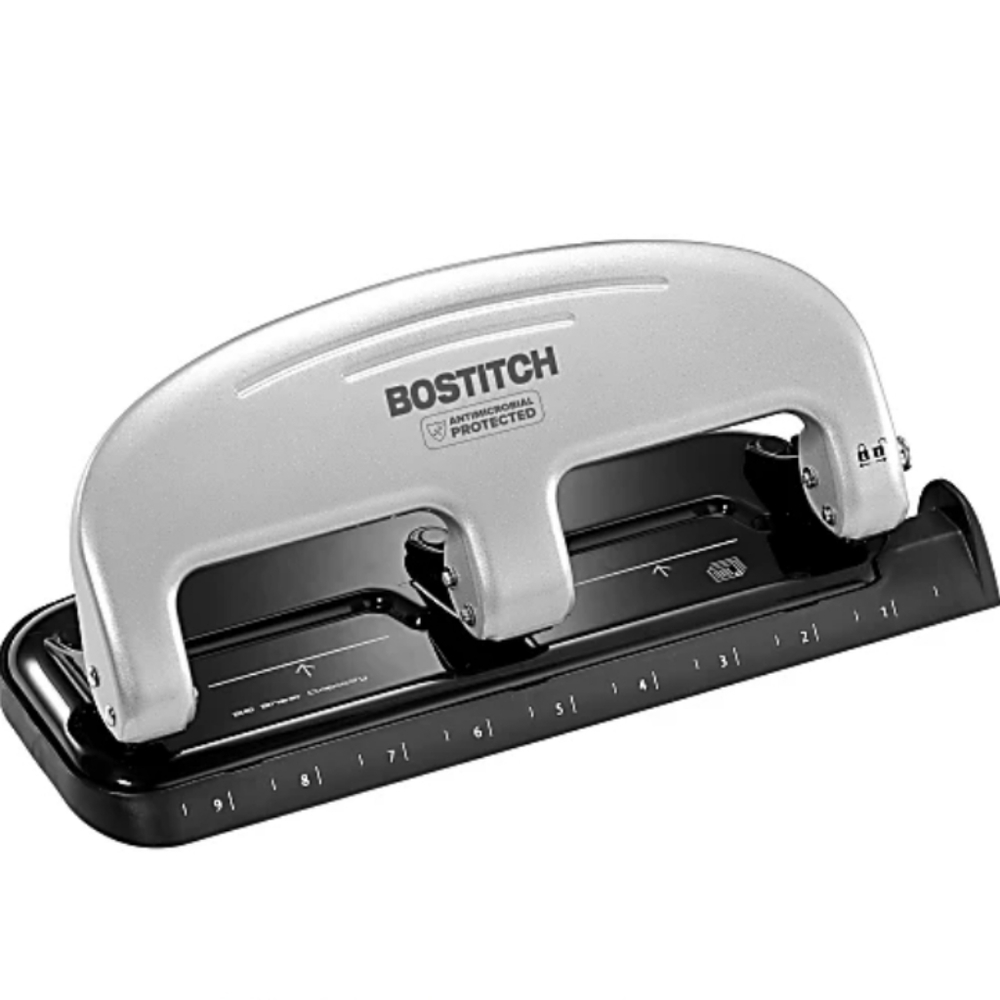 Bostitch EZ Squeeze 3 Hole Paper Punch Office Antimicrobial Silver Black NWT